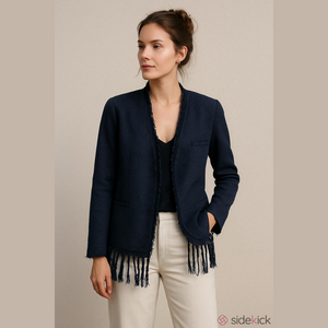 Malene Birger Sineaka Boucle Blazer Fringe Trim Metallic Detail Blue Jacket XL